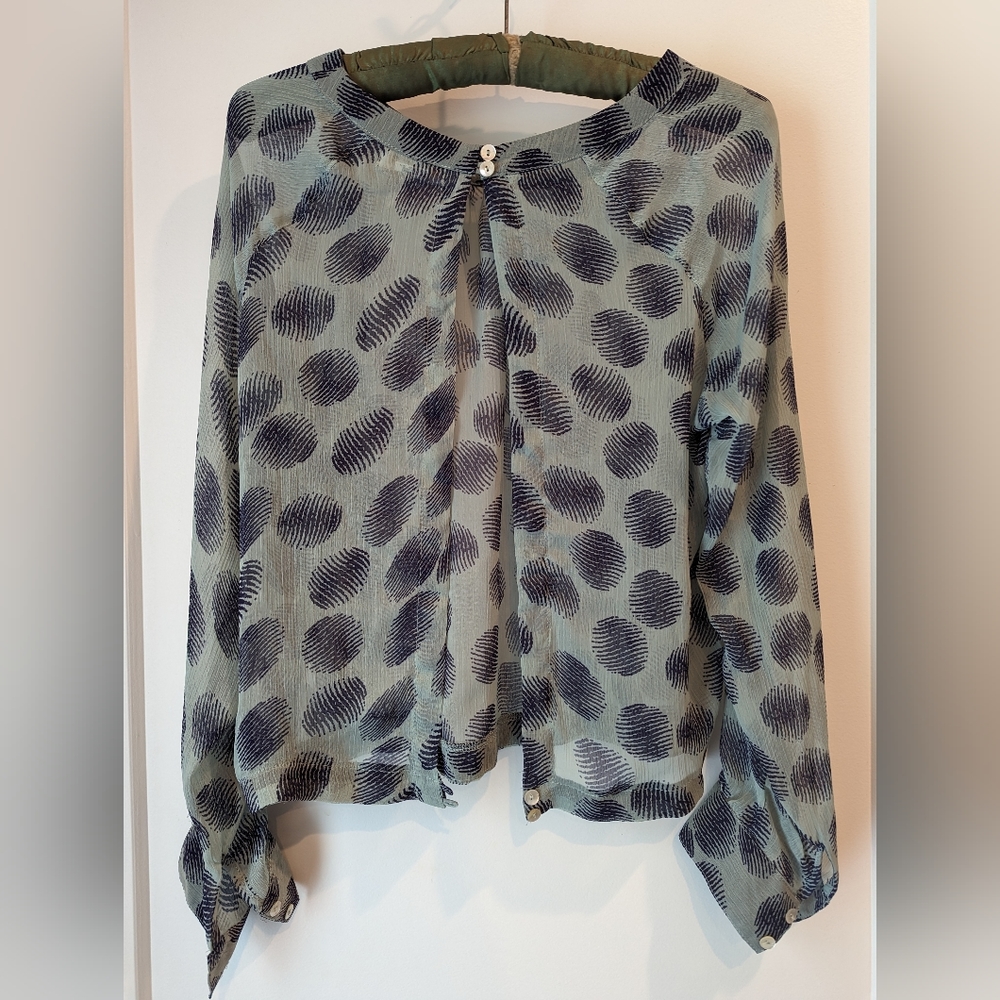 Free birds women's small blouse green blue sheer pearlescent buttons